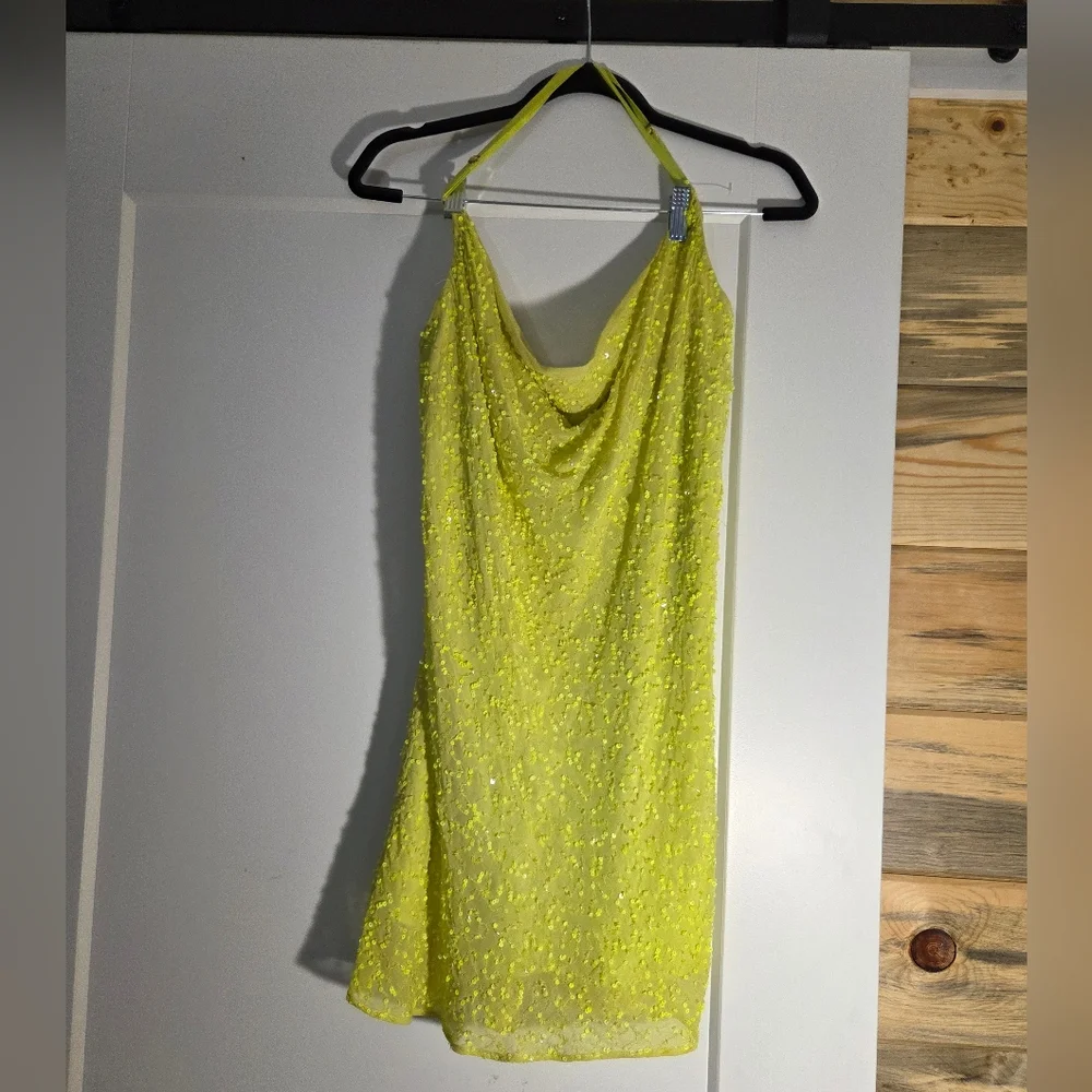 Show Me Your MuMu Lime Green Sequin Cowl Neck Mini Dress - Picture 8 of 16